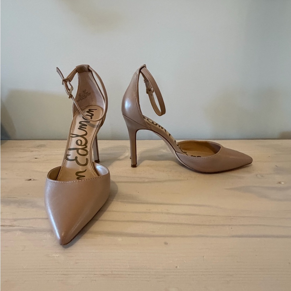 Sam Edelman Nude Tan Pointed-Toe Ankle-Strap Heels